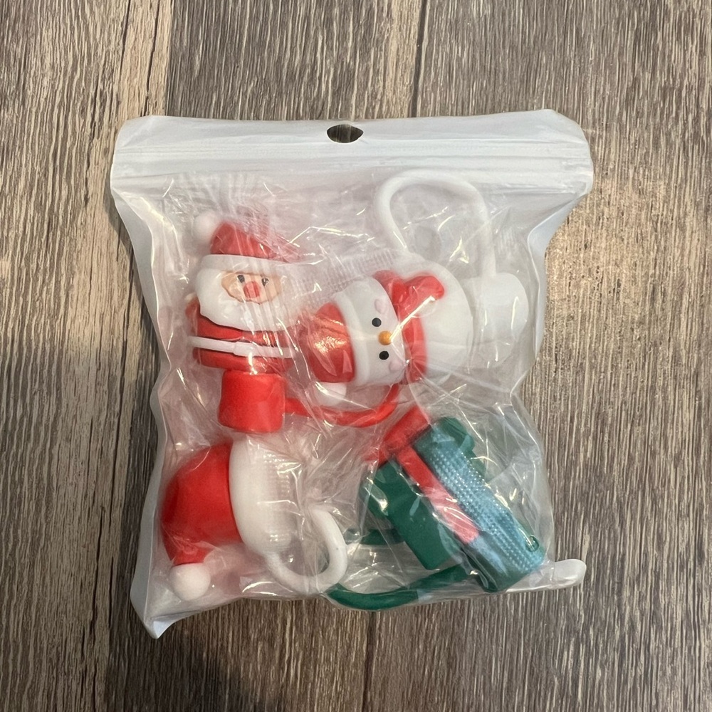 NEW Christmas Straw Toppers 4 Piece Bundle- Snowman, Santa, Present, Santa Hat